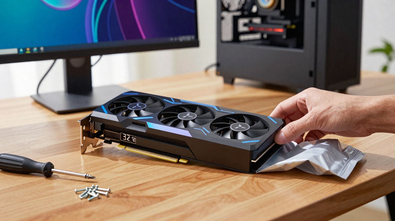 Mão segurando placa de vídeo sobre mesa de madeira com parafusos, chave de fenda, monitor e gabinete aberto ao fundo.