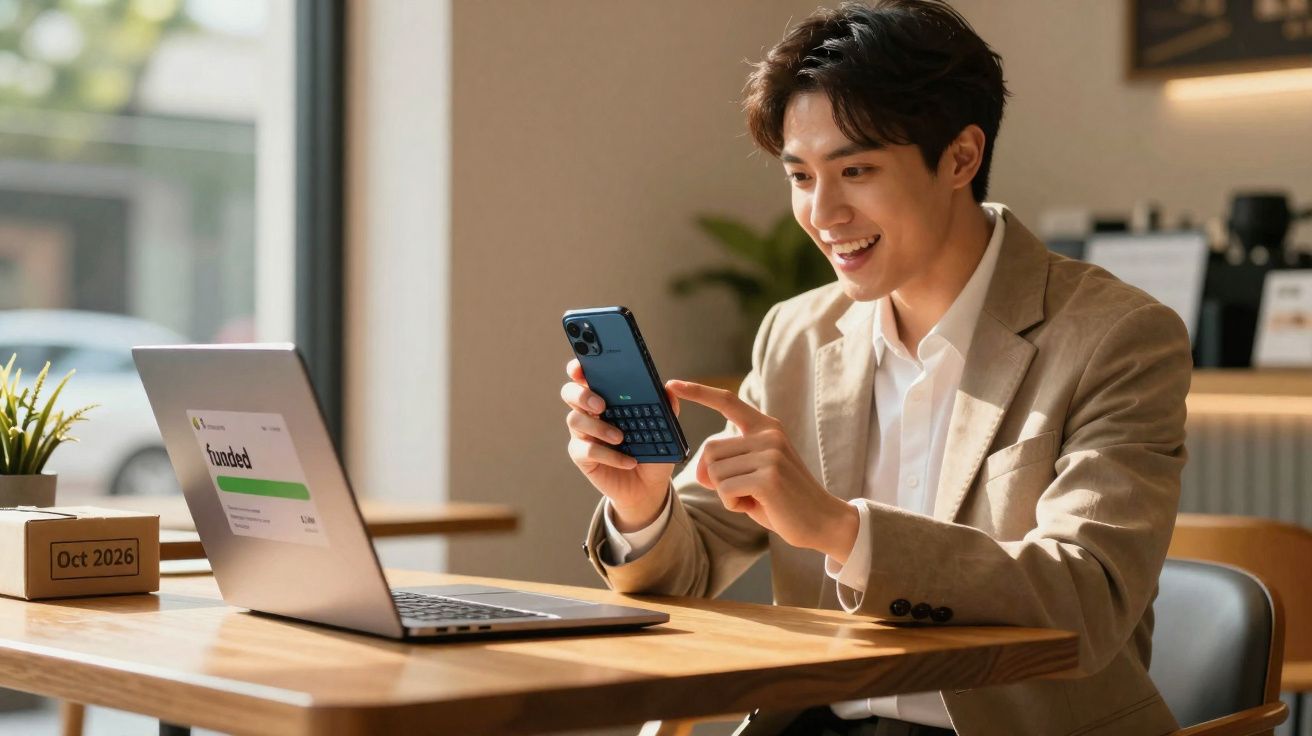 Homem sorridente usando smartphone e laptop em mesa de madeira em ambiente iluminado e aconchegante.