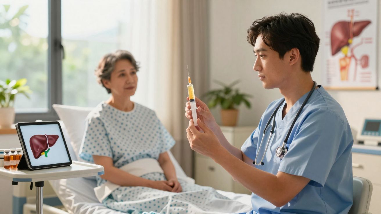 Médico segurando seringa com medicamento enquanto paciente idosa observa em quarto hospitalar.