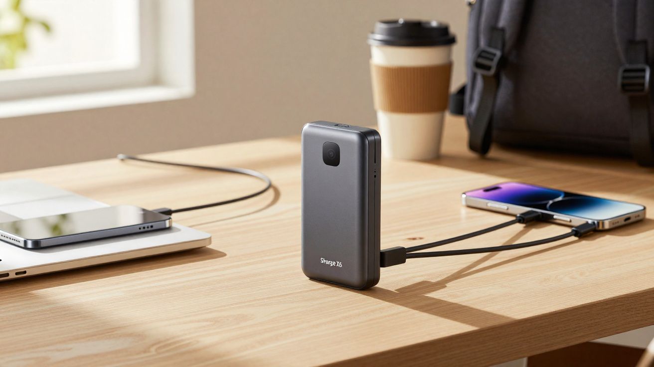 Bateria portátil preta carregando dois smartphones sobre mesa de madeira com mochila e copo de café ao fundo.