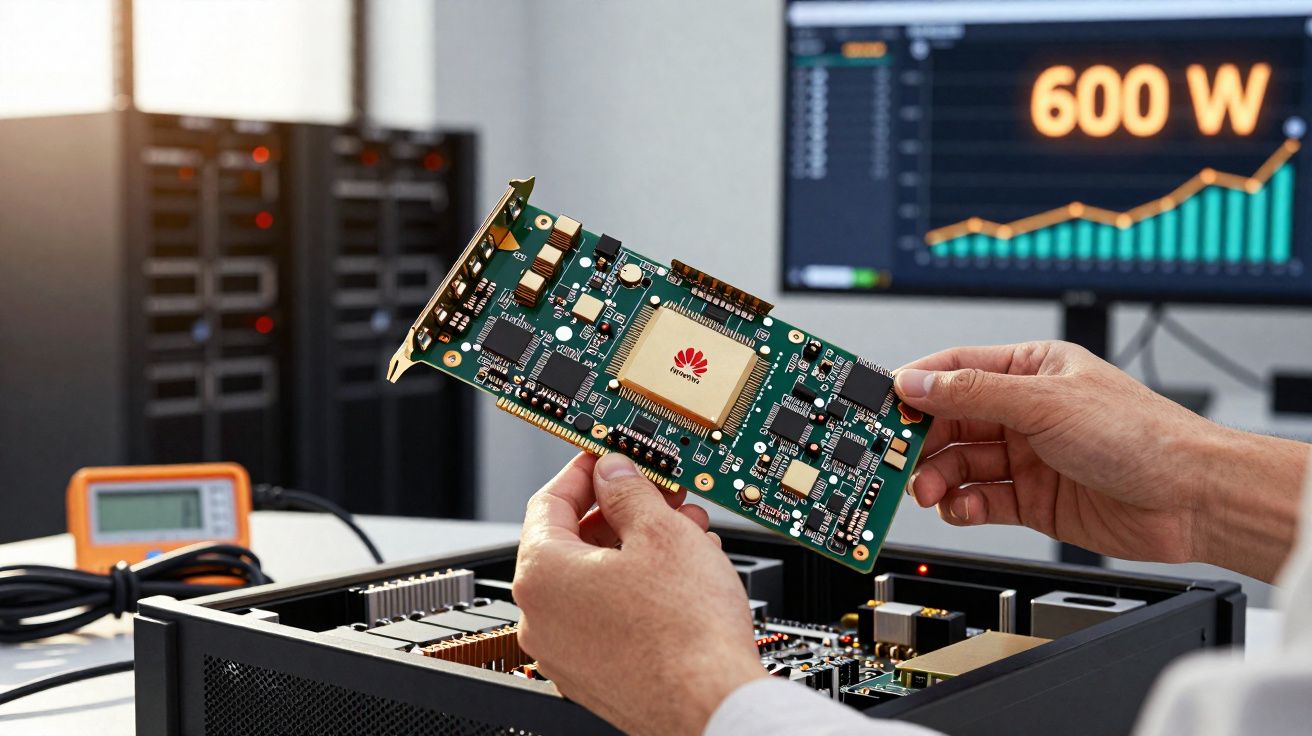 Pessoa segurando uma placa de circuito eletrônico com chip Huawei, ao lado de equipamentos e monitor com gráfico.