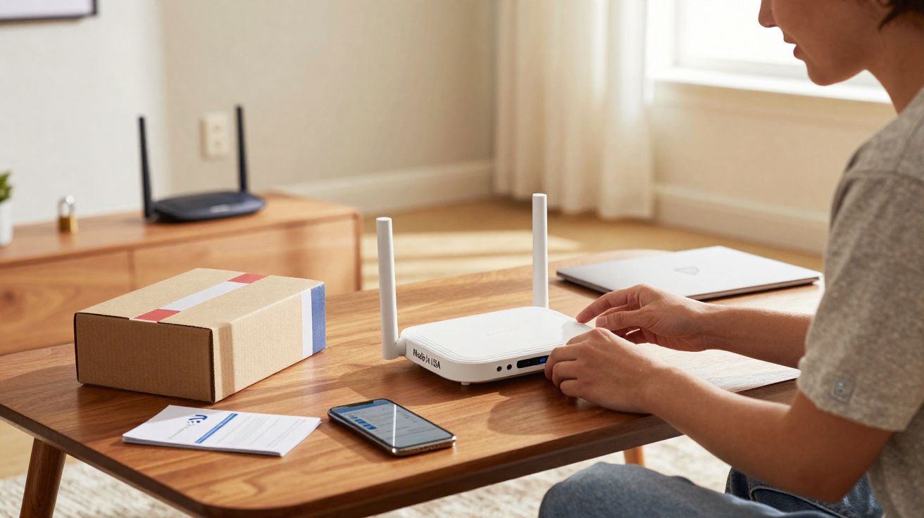 Pessoa ajusta roteador Wi-Fi em mesa com celular, caixa de papelão e laptop fechado ao fundo.