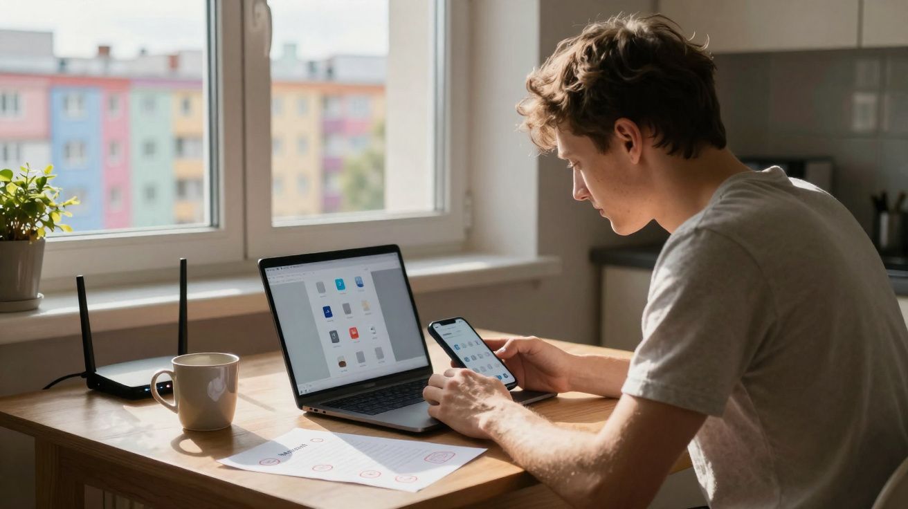 Jovem trabalhando em mesa com laptop, celular, papéis, xícara e roteador próximo à janela com luz natural.
