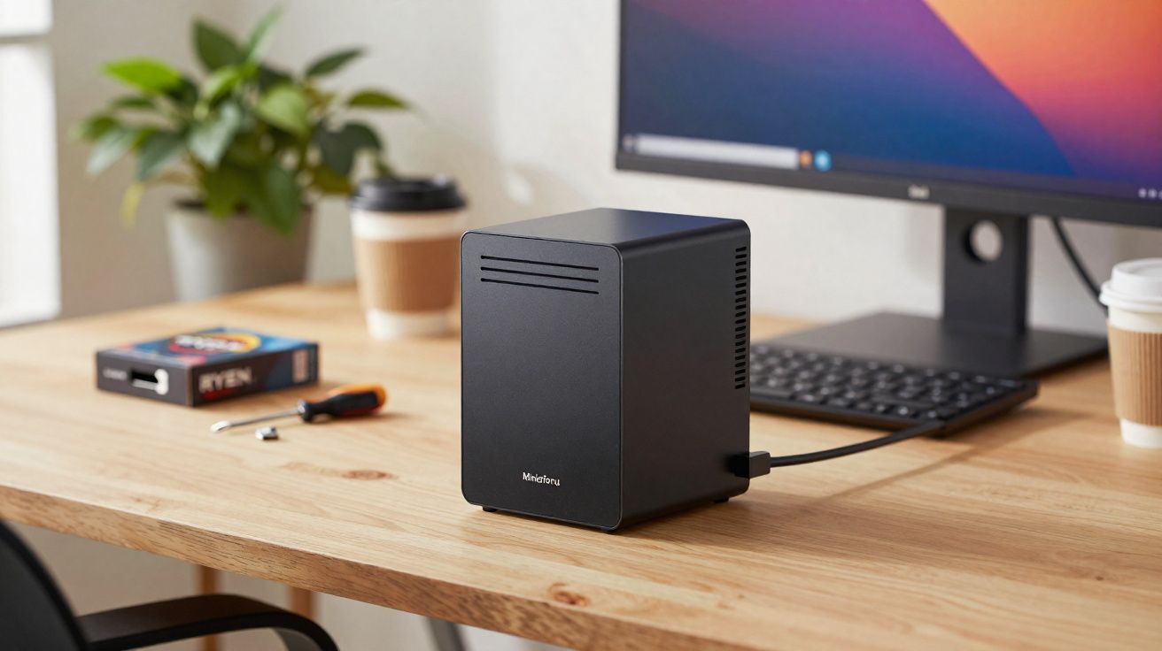 Computador compacto preto sobre mesa de madeira ao lado de monitor, teclado e copos de café.