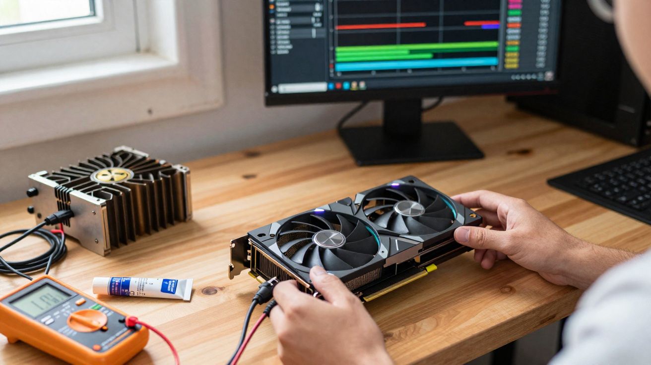 Pessoa segurando placa de vídeo sobre mesa de madeira com multímetro e monitor ao fundo.