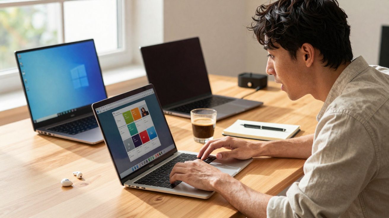 Homem usando laptop em mesa de madeira com outros dois notebooks, café e bloco de notas.