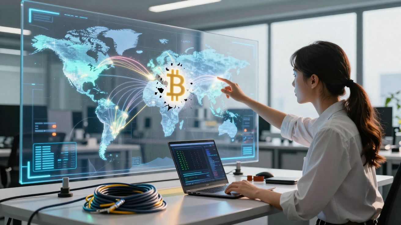 Mulher interage com mapa digital mostrando conexões globais de Bitcoin em escritório moderno.