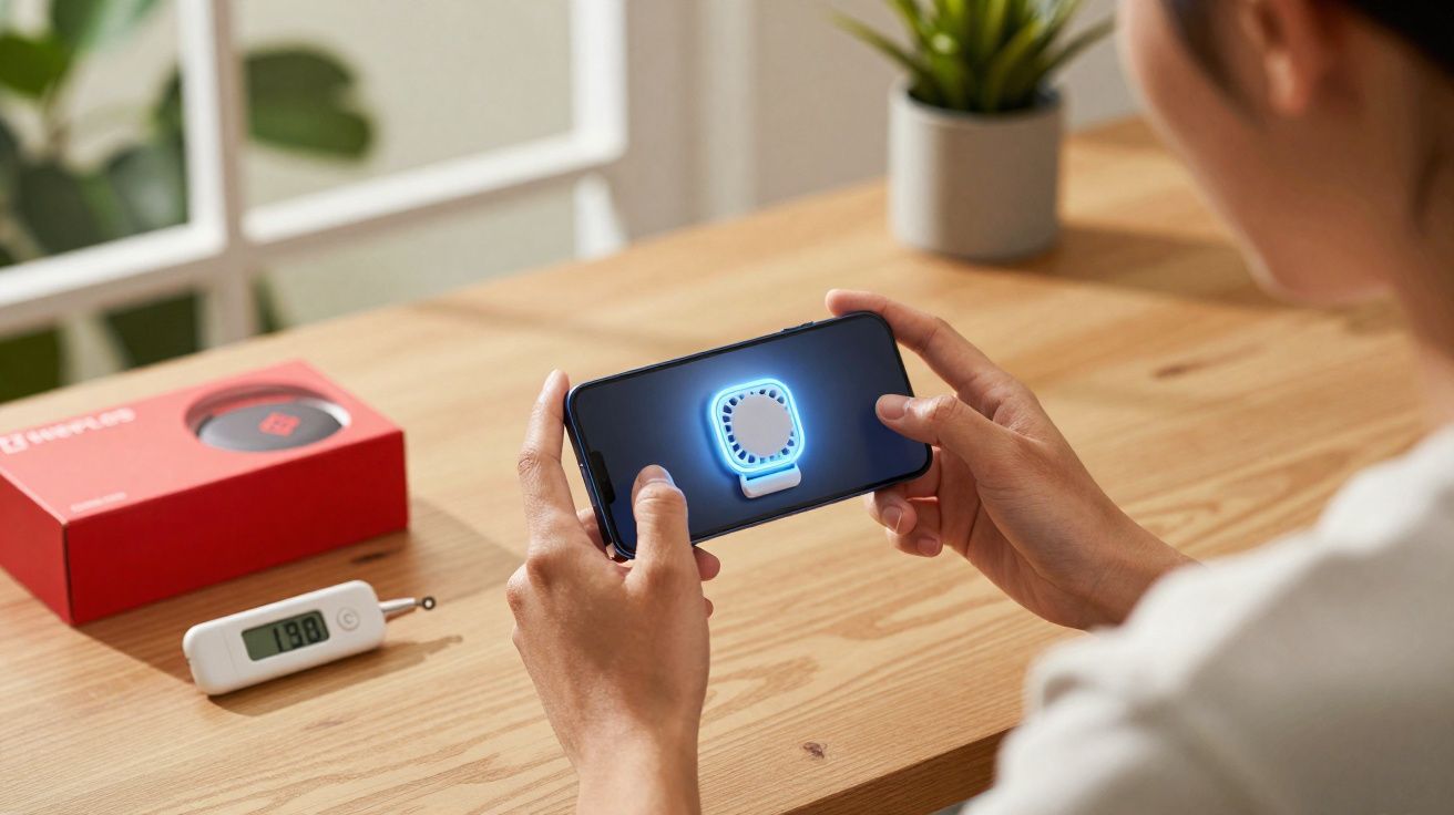 Pessoa segurando celular com imagem digital de sensor de glicose, medidor e embalagem sobre mesa de madeira.