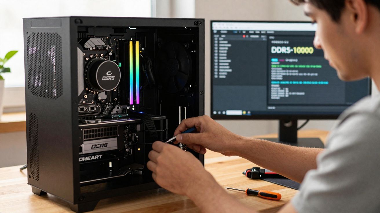 Pessoa montando computador com gabinete aberto em mesa, perto de monitor exibindo texto sobre DDR5.