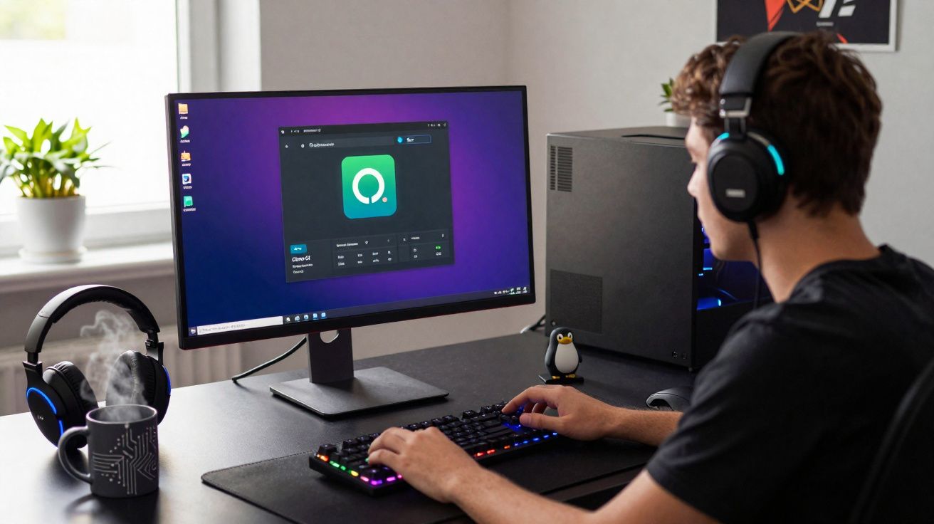 Jovem com fones usando computador com teclado RGB, ao lado de caneca com vapor e planta em ambiente iluminado.