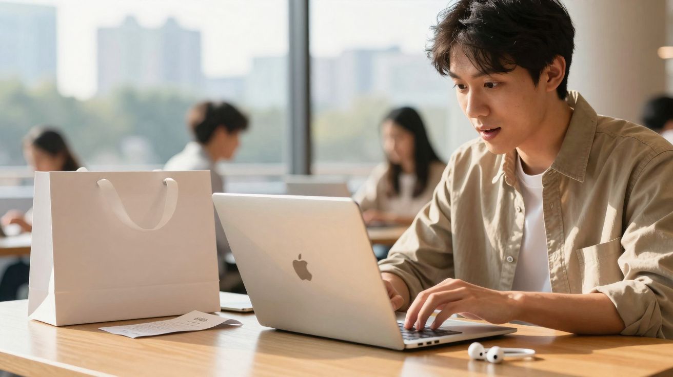 Jovem usando laptop em mesa com sacola e fones de ouvido, outras pessoas ao fundo em ambiente iluminado.