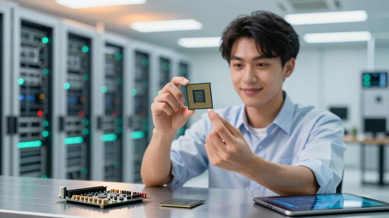 Homem segurando microchip com placas eletrônicas e tablet em mesa em sala de servidores.