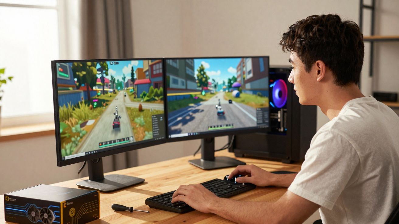 Homem jovem jogando videogame de corrida em dois monitores duplos em escritório iluminado.