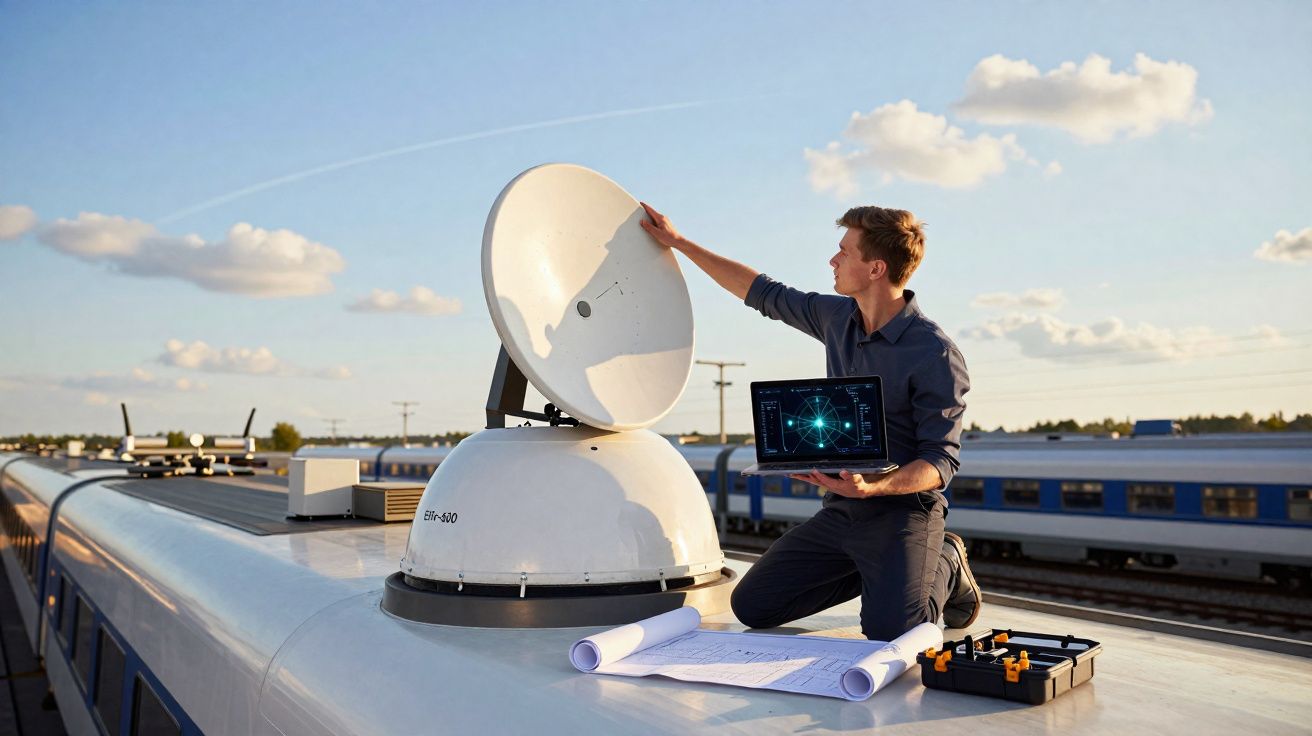 Homem com laptop ajusta antena parabólica no teto de trem sob céu azul com nuvens.