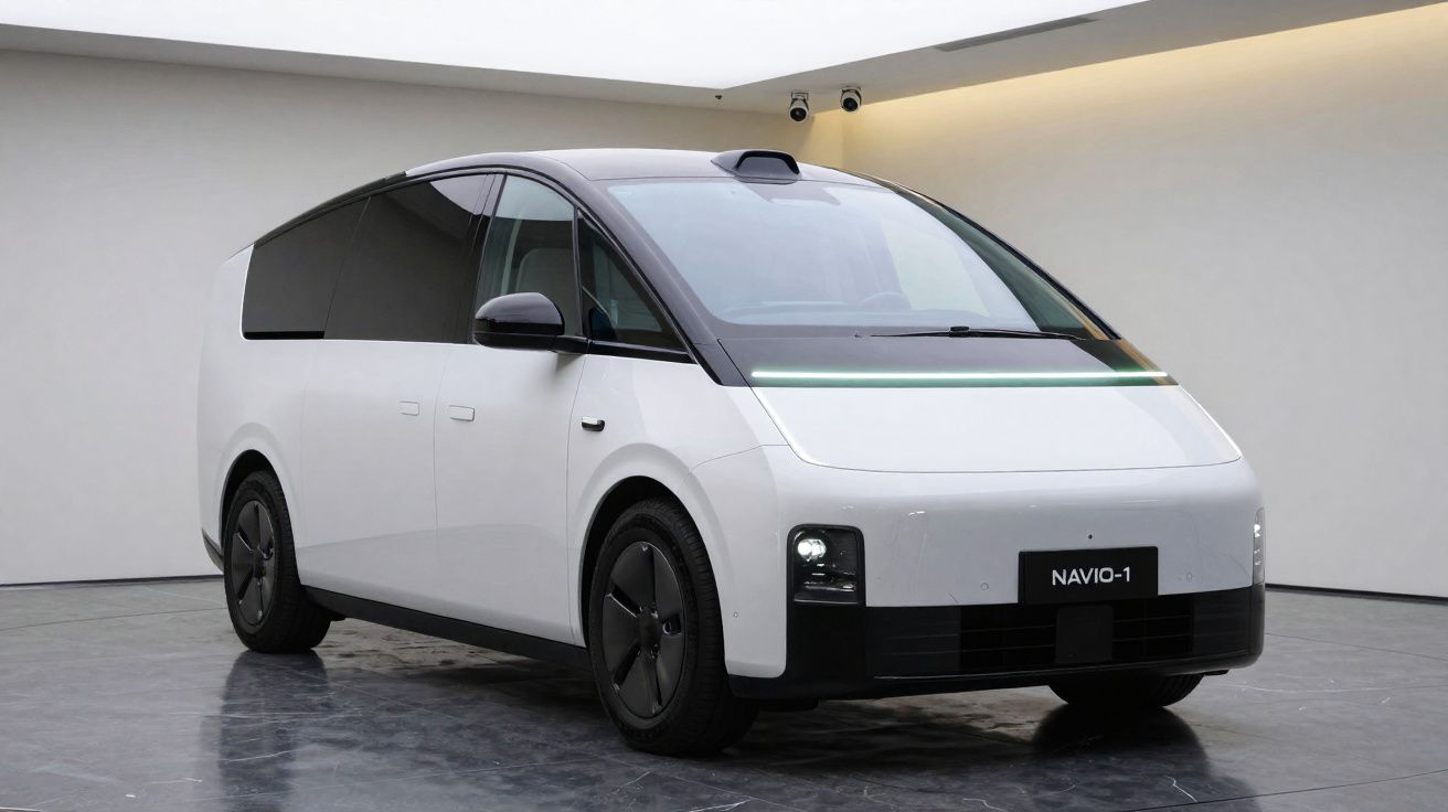 Veículo elétrico moderno branco com design futurista, modelo NAVIO-1, em ambiente interno minimalista.