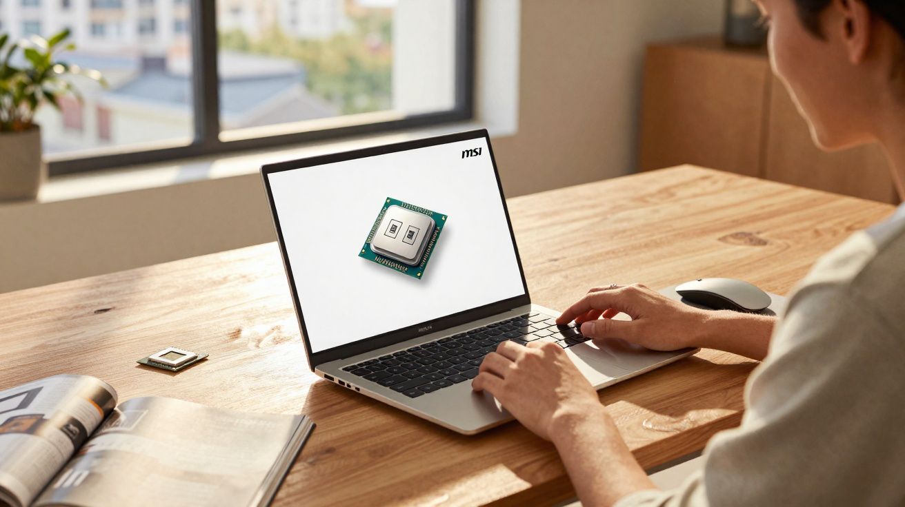 Pessoa usando notebook com imagem de processador na tela em mesa de madeira perto de janela.