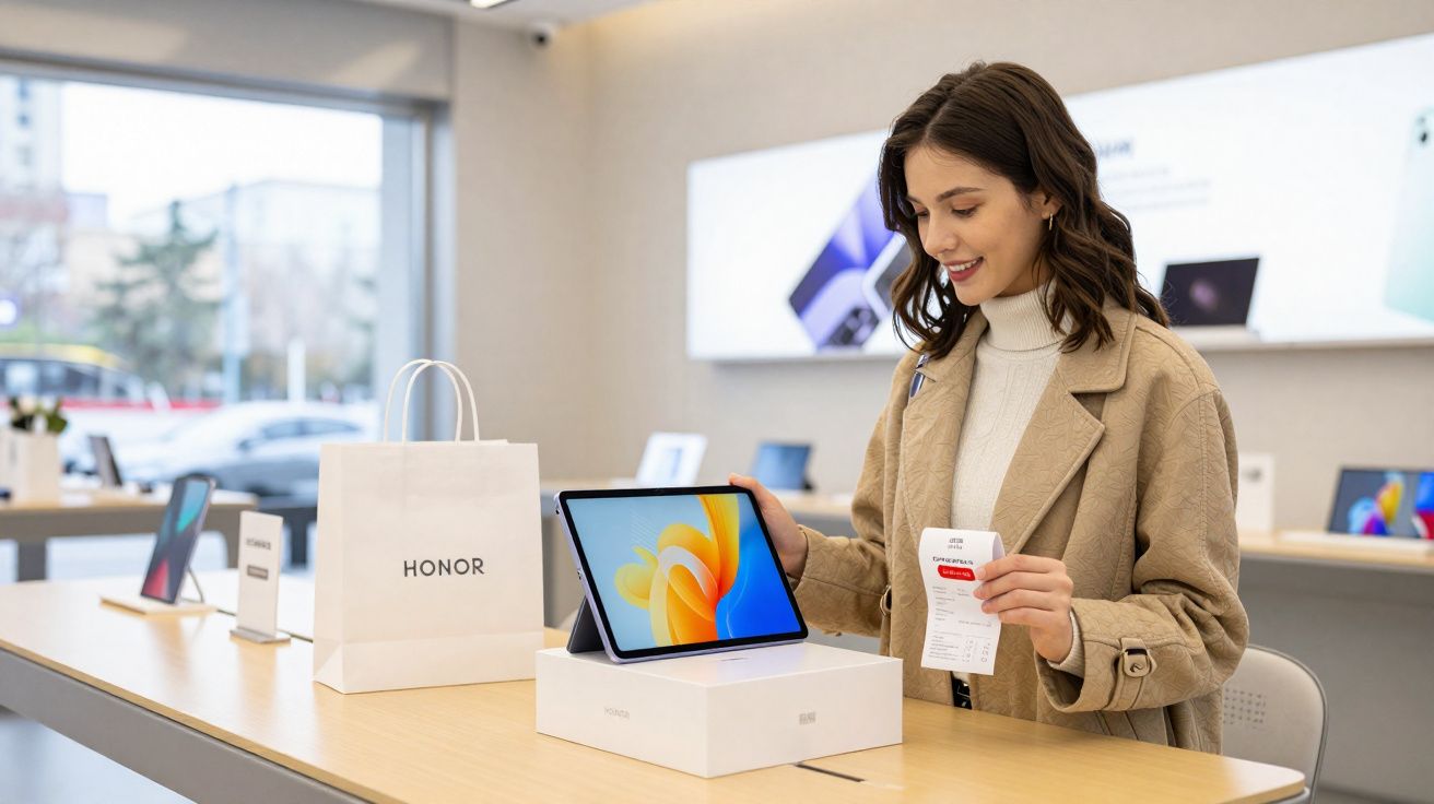 Mulher sorrindo segura nota fiscal ao comprar tablet em loja HONOR moderna e iluminada.