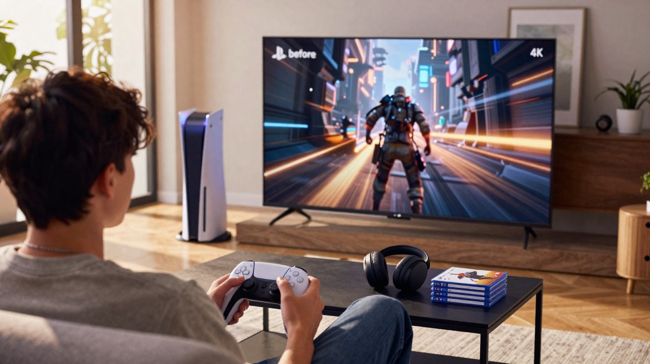 Jovem jogando videogame em console PlayStation 5 com controle na mão e TV 4K na sala de estar.