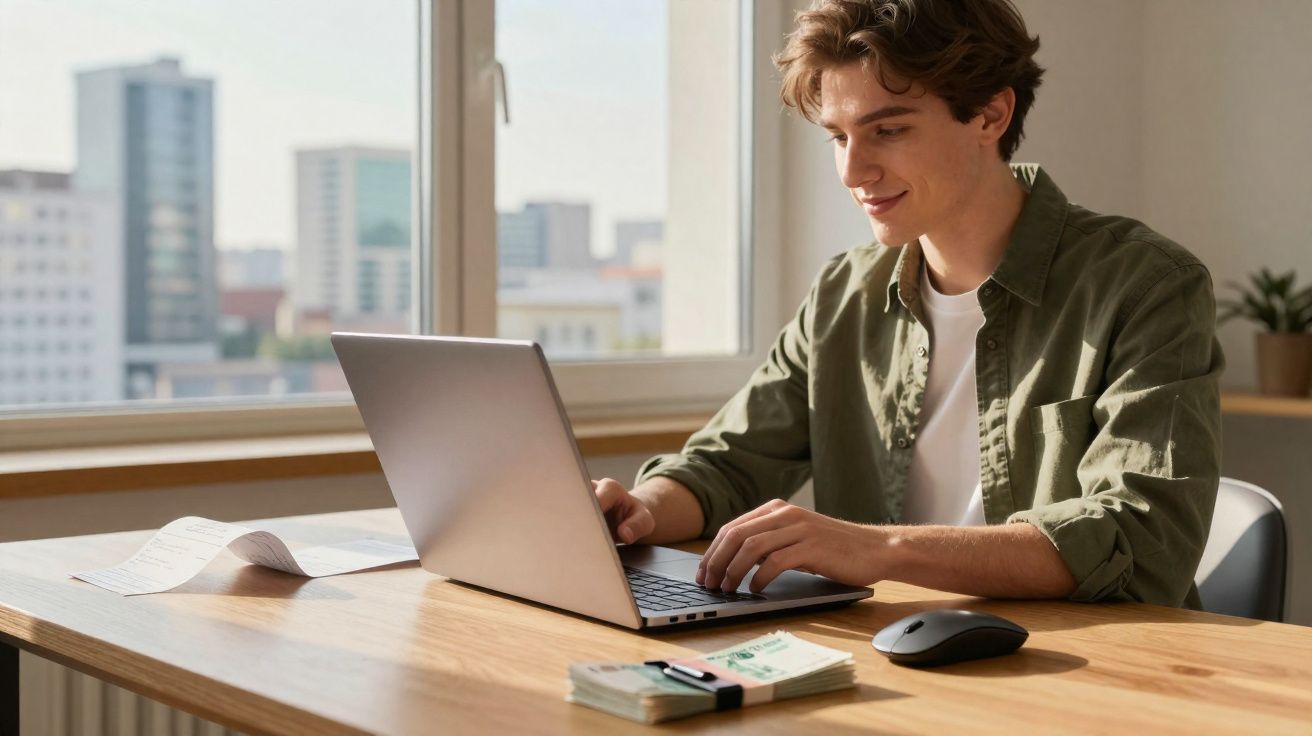 Jovem sorridente usando laptop em mesa com dinheiro e recibo, janela com prédios ao fundo.