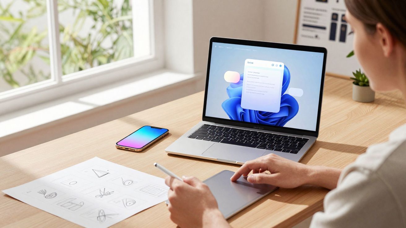 Pessoa usando laptop e tablet digitalizador em mesa com celular e folhas de desenhos técnicos.