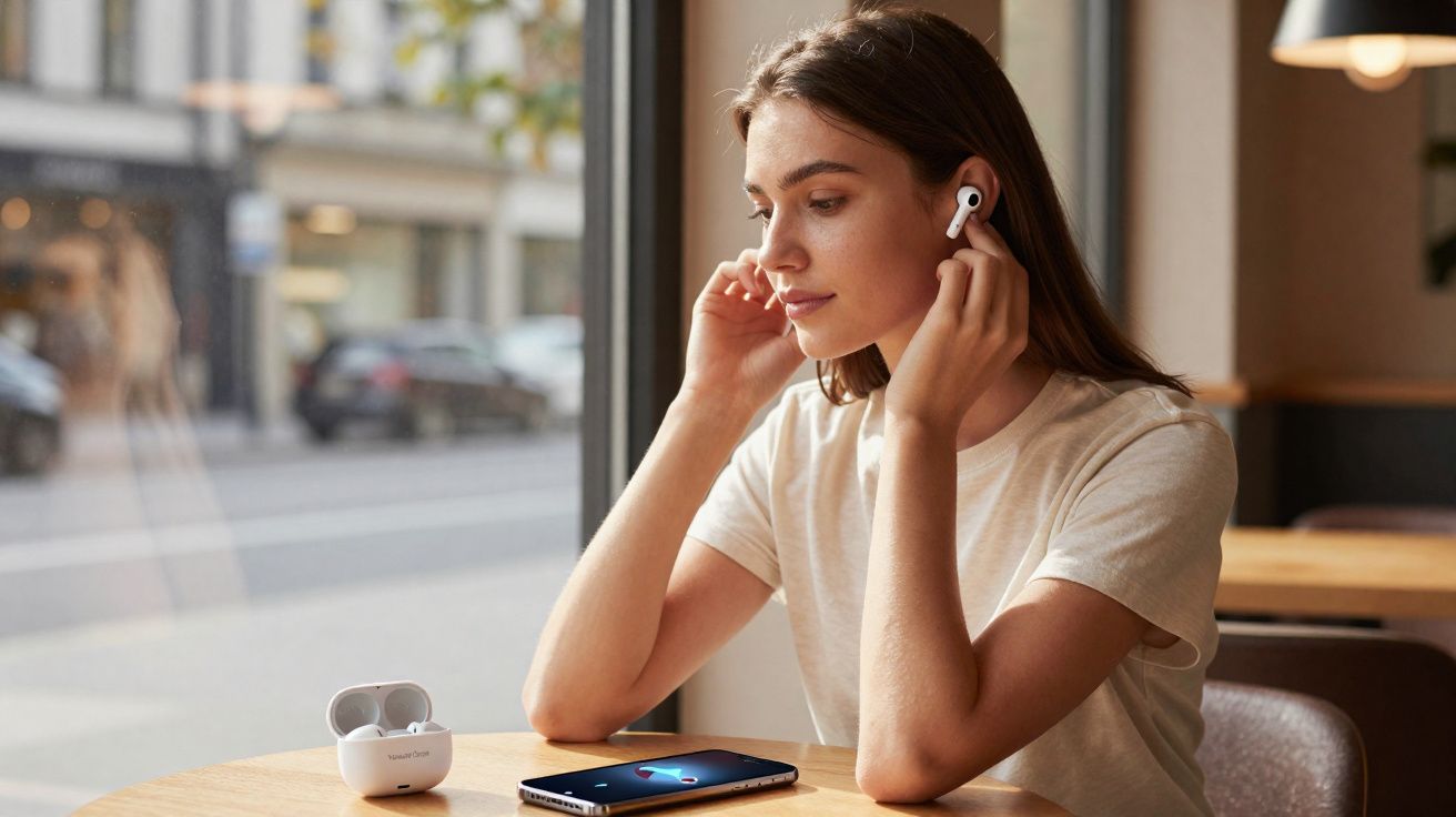 Mulher colocando fone de ouvido sem fio enquanto está sentada em mesa com celular em café.