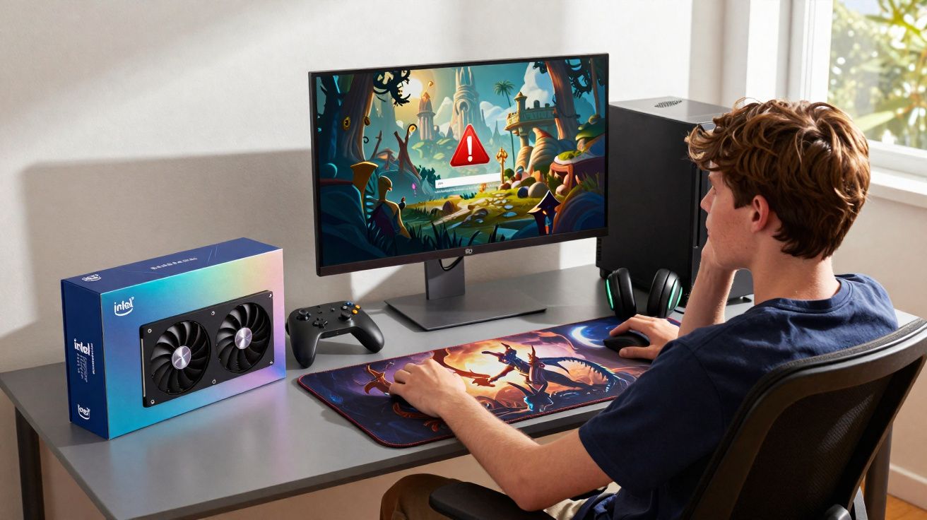 Jovem sentado em mesa usando computador, com tela mostrando alerta de erro em jogo de fantasia.