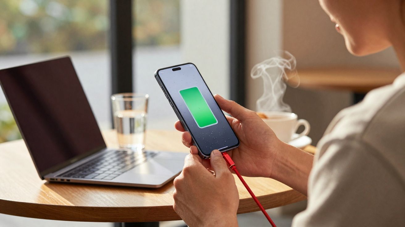 Pessoa segurando celular com bateria carregando e laptop aberto em mesa com copo d'água e xícara de café.