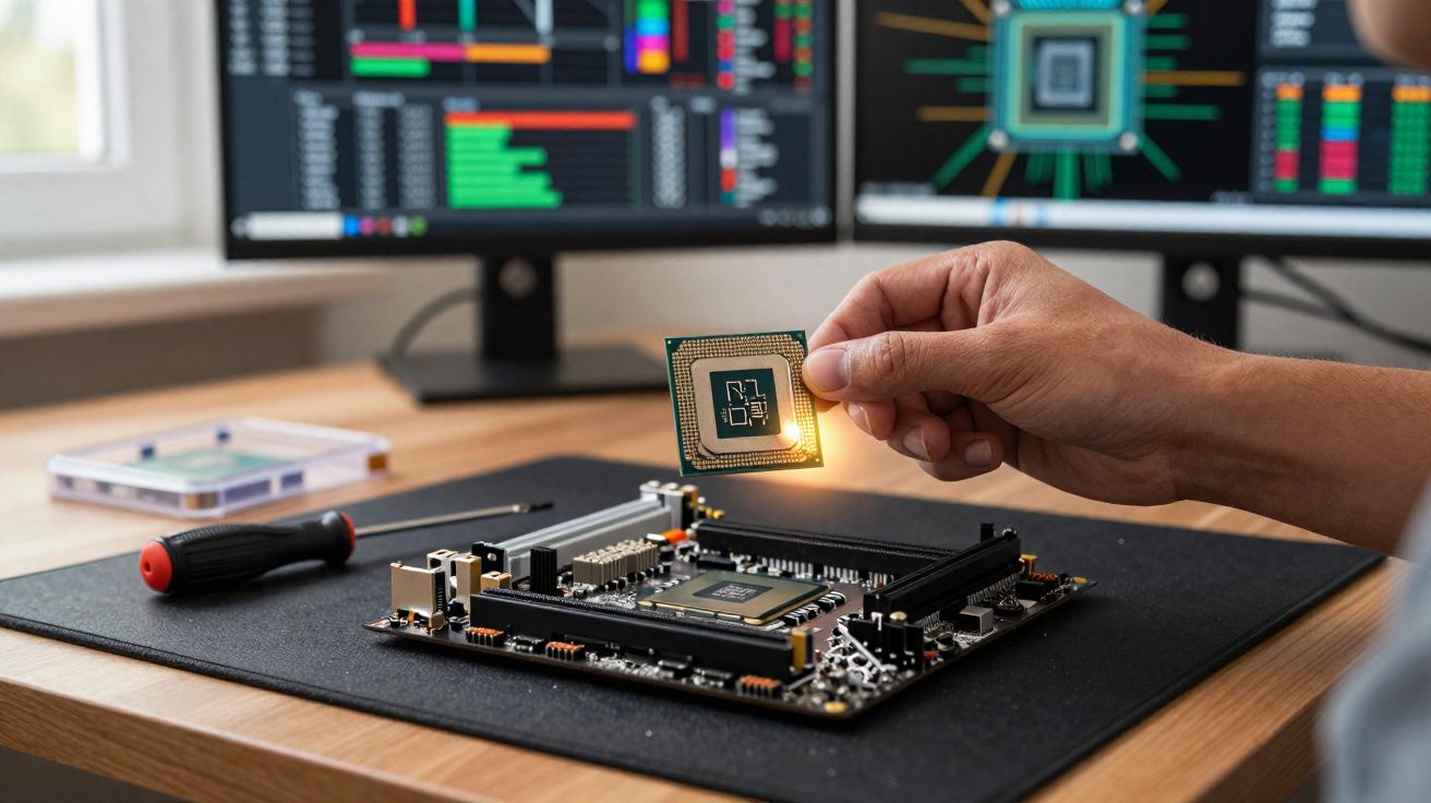 Pessoa segurando processador acima de placa-mãe em mesa com monitor e ferramentas ao fundo.