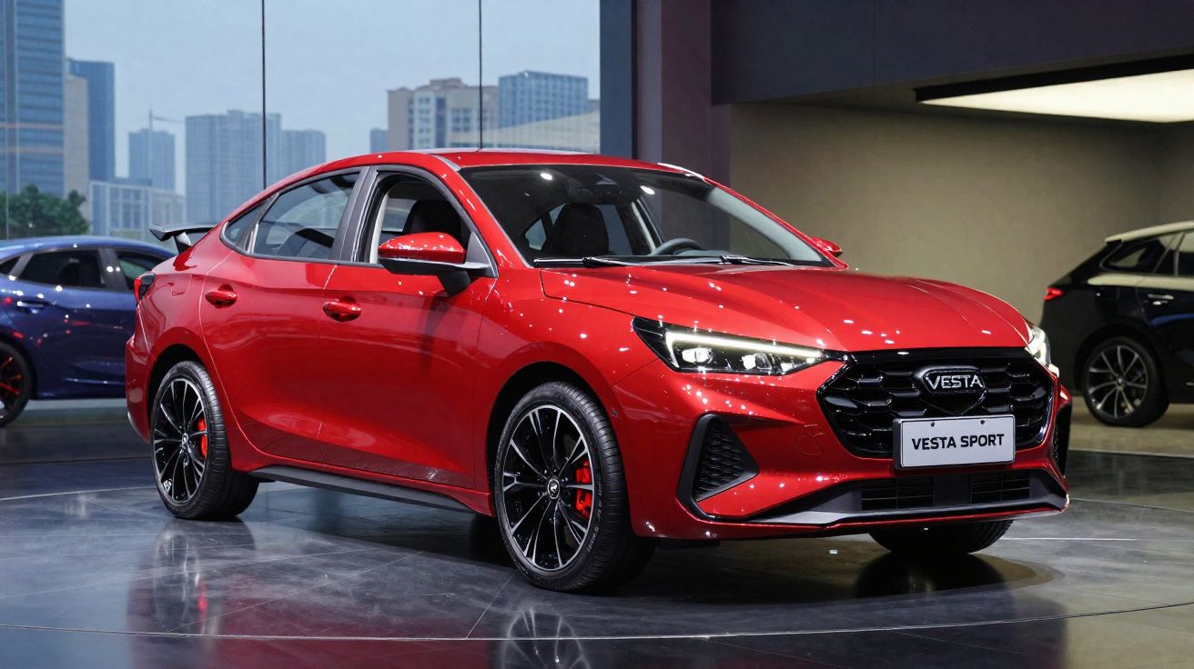 Carro sedã vermelho Vesta Sport em showroom com janelas panorâmicas e detalhes esportivos.