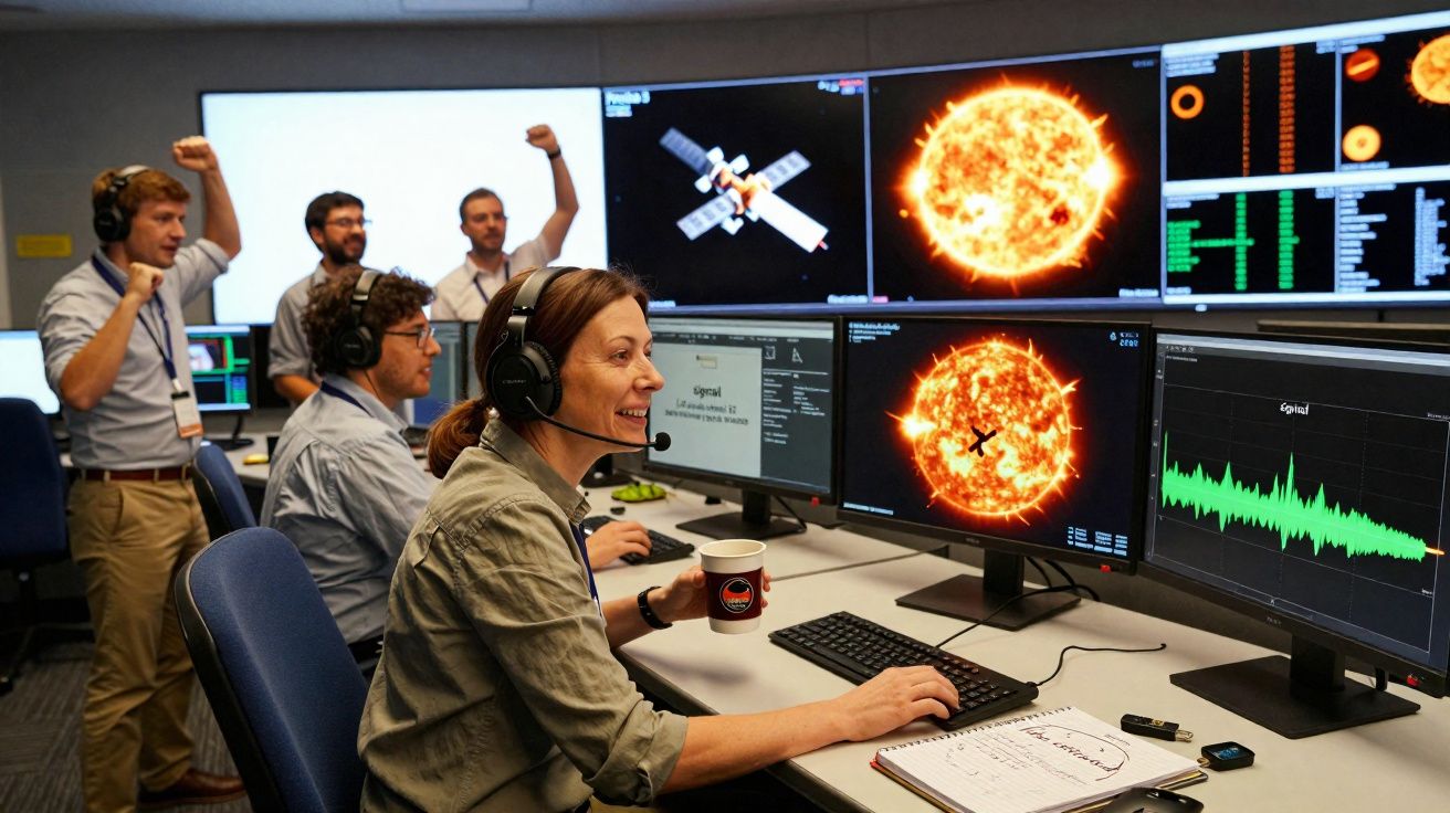 Equipe de cientistas em centro de controle observando imagens do sol e dados em múltiplos monitores.