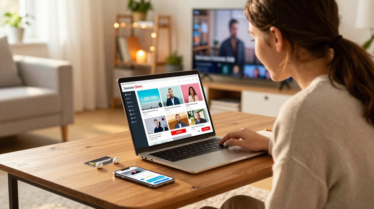 Mulher usando laptop em mesa de madeira, assistindo vídeos online em ambiente doméstico iluminado.