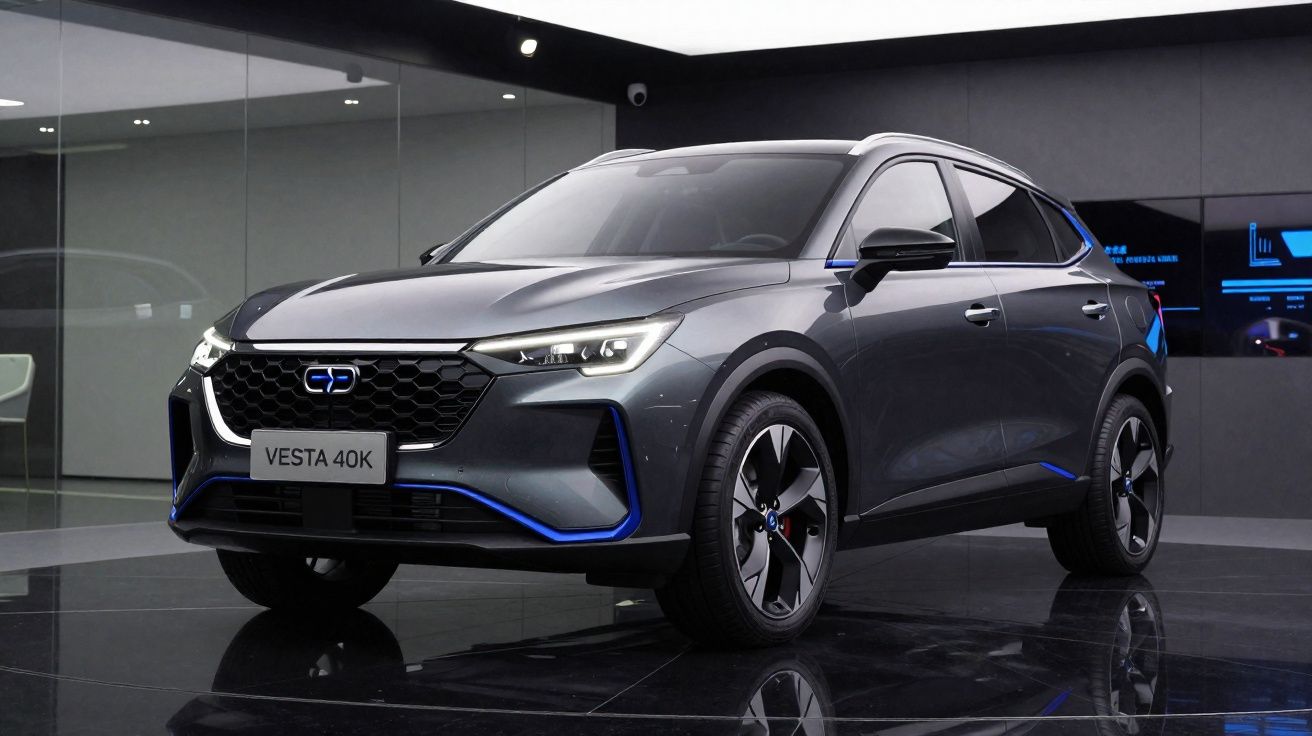 Carro SUV cinza moderno Vesta 40K exibido em showroom interno com iluminação ambiental azul.