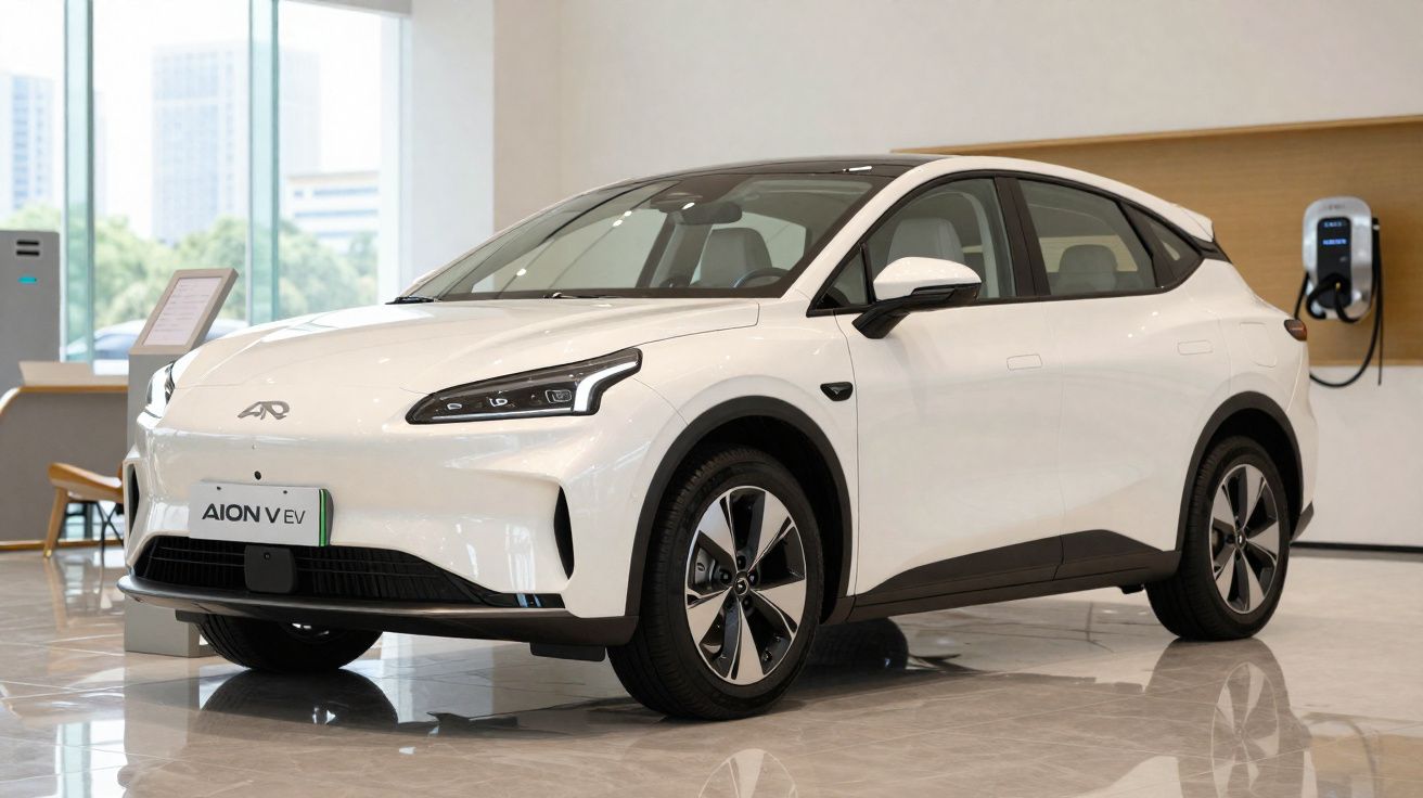 Carro elétrico branco Aion V EV estacionado em showroom moderno com carregador ao fundo.