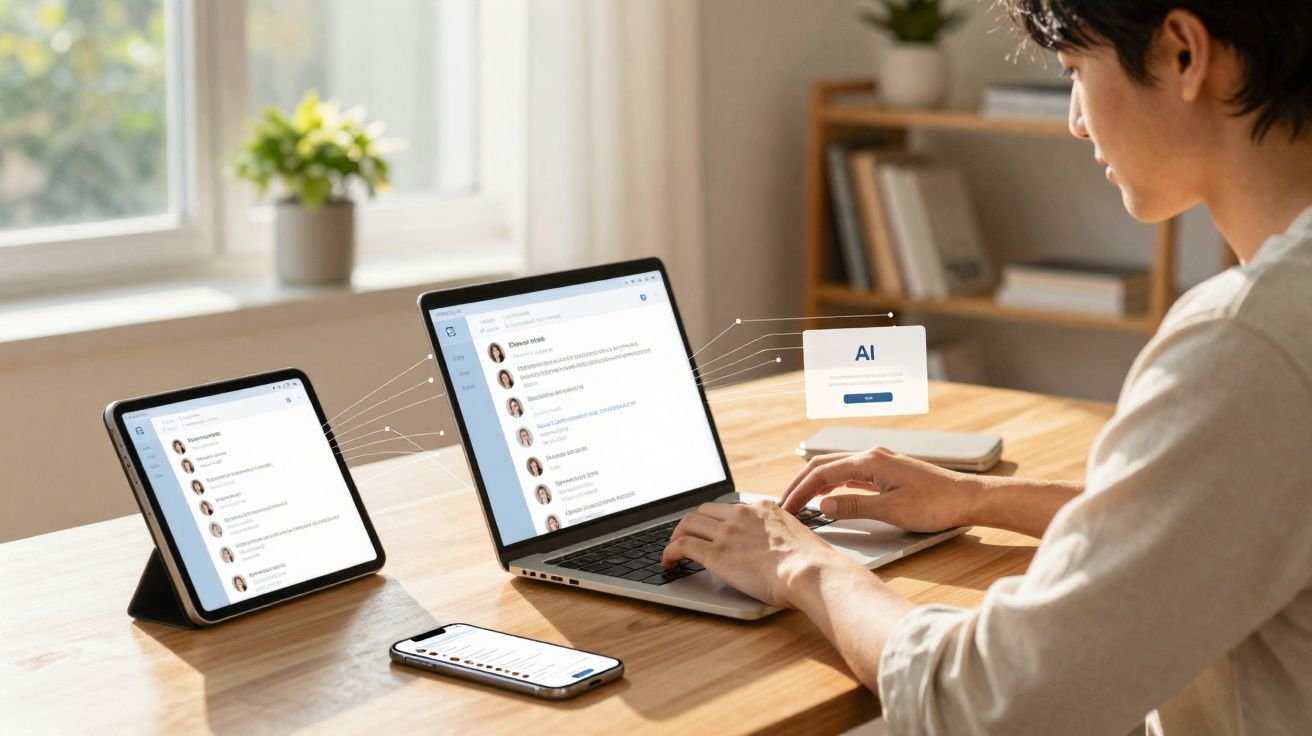 Pessoa usando laptop, tablet e smartphone mostrando interface de mensagens com integração de IA.