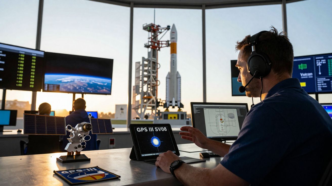 Homem com fone de ouvido monitora computador em sala com maquete de foguete e painéis digitais.