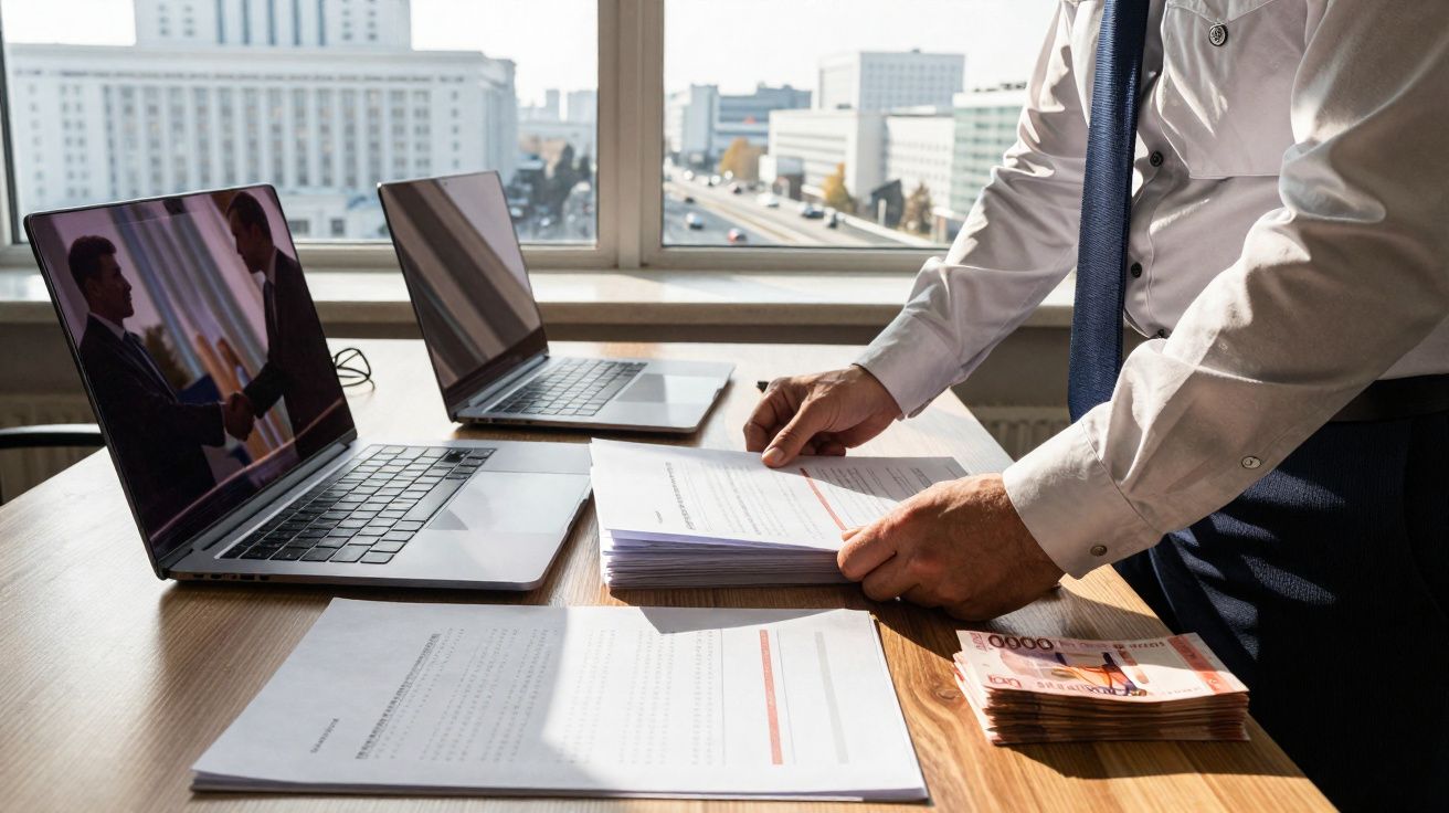 Pessoa organizando documentos em mesa com laptop aberto mostrando imagem de aperto de mãos.