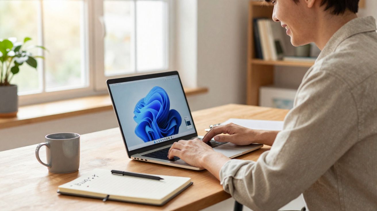 Pessoa sorrindo usando laptop com tela do Windows 11 em mesa com caderno, caneta e caneca cinza.