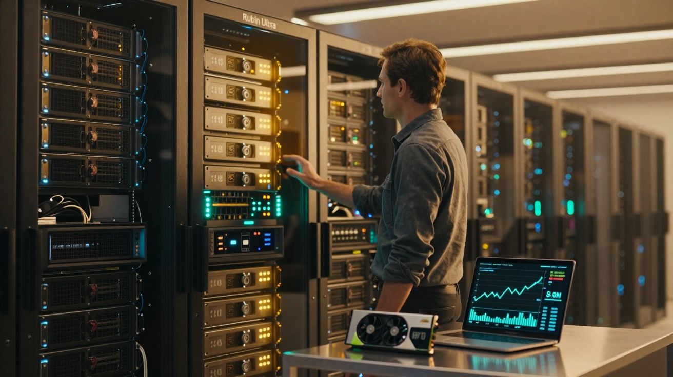 Homem operando servidores em data center com notebook exibindo gráficos financeiros em mesa próxima.