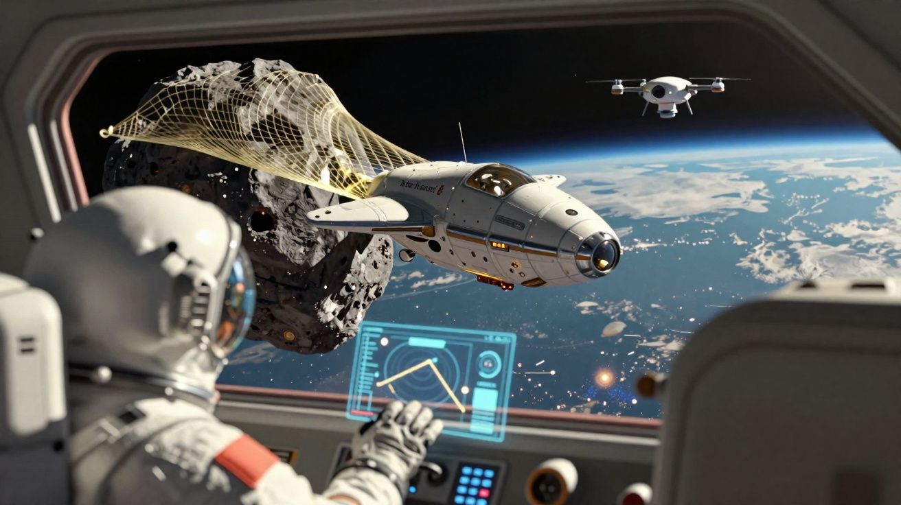 Astronauta observa espaçonave capturando asteroide com rede no espaço, visto através da janela.