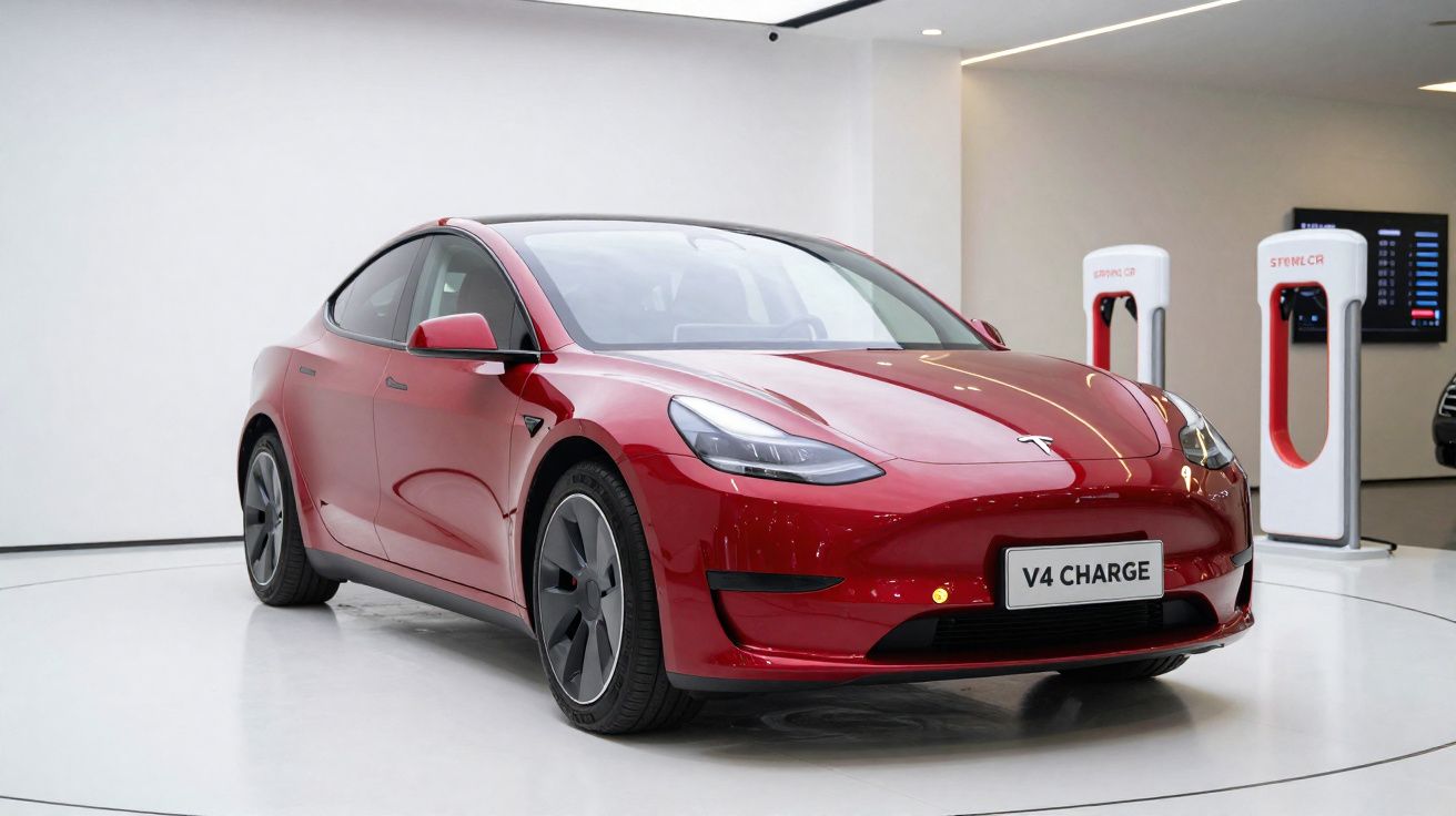 Carro elétrico Tesla vermelho estacionado próximo a estações de carregamento em ambiente interno.