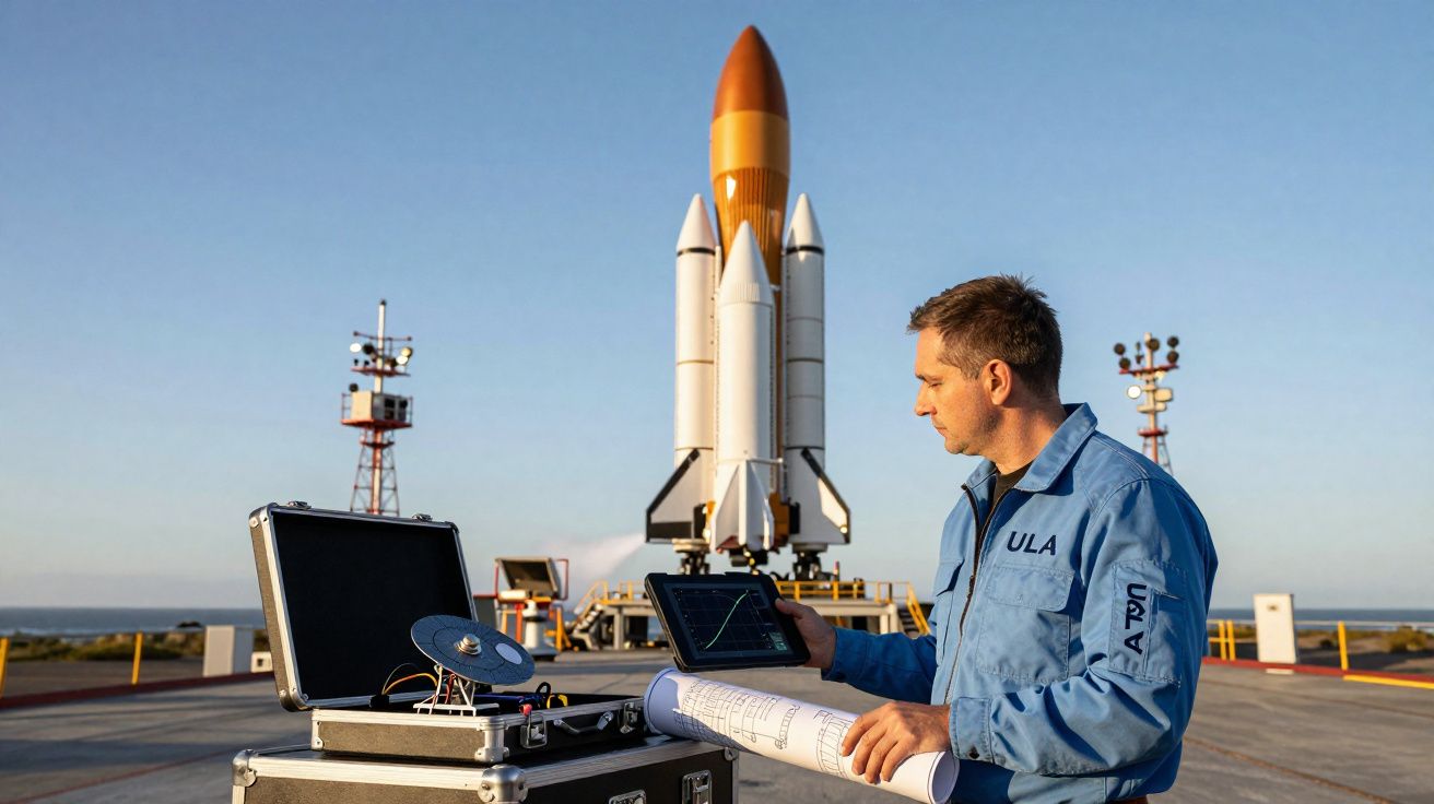 Engenheiro em uniforme azul verifica dados em tablet próximo a maquete de foguete em plataforma de lançamento.