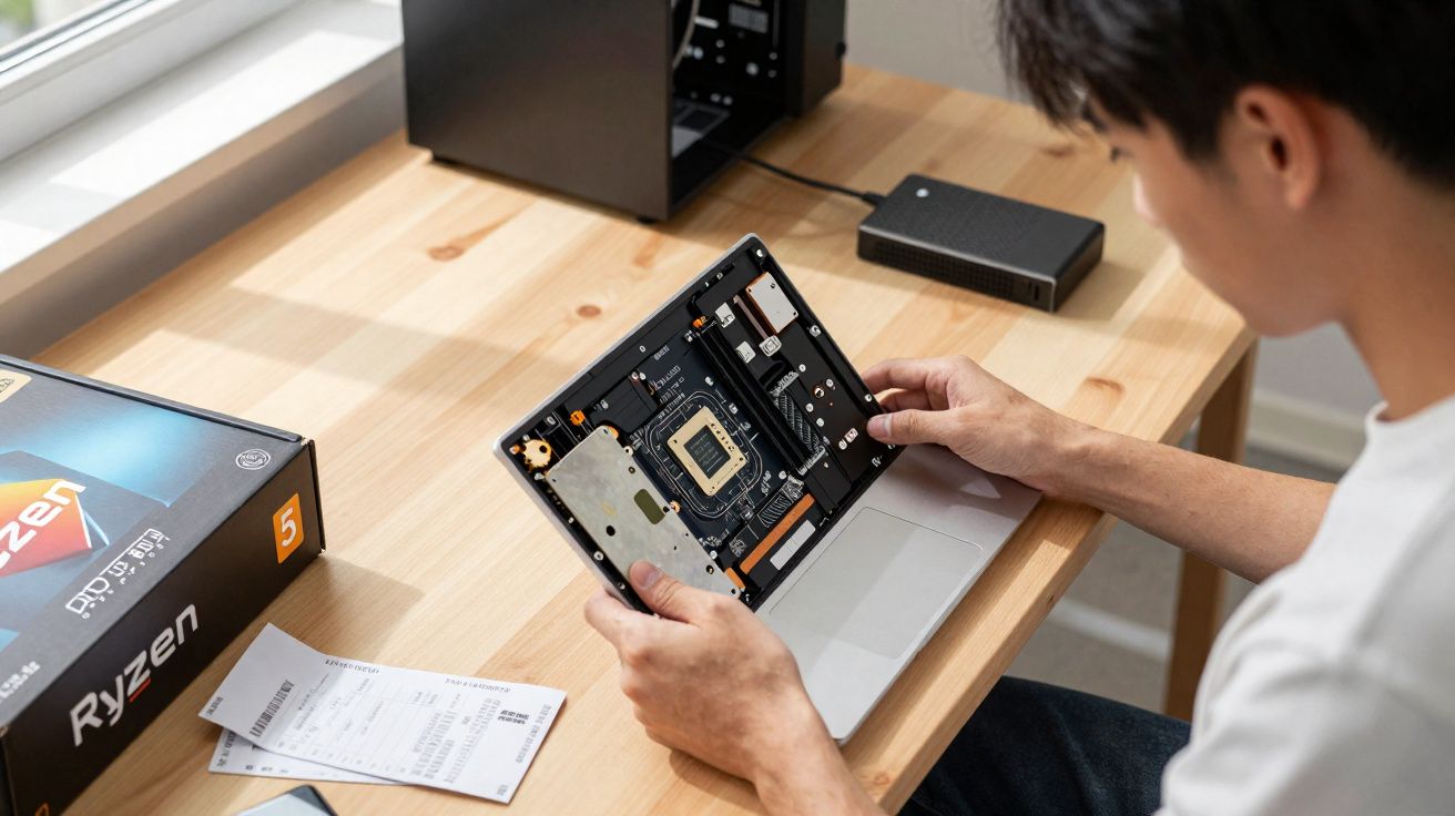 Homem segurando placa-mãe de laptop em mesa com caixa de processador Ryzen 5 e nota fiscal.