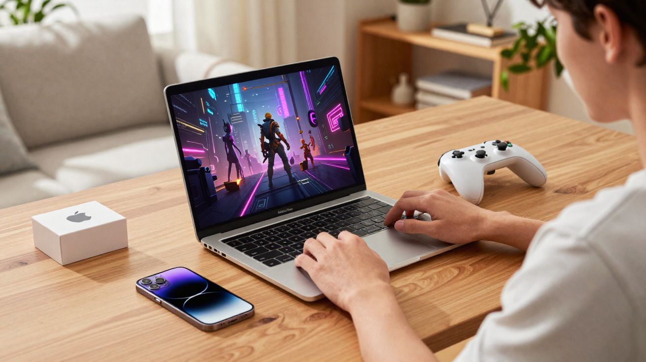 Pessoa jogando videogame em laptop com controle branco, celular e caixa da Apple sobre mesa de madeira.