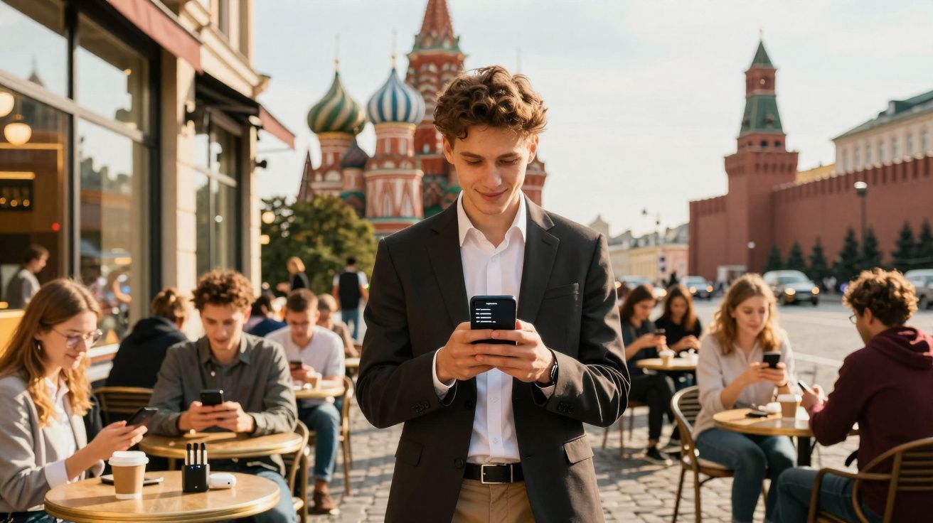 Jovem em terno usando celular em café ao ar livre com arquitetura russa e pessoas ao fundo.