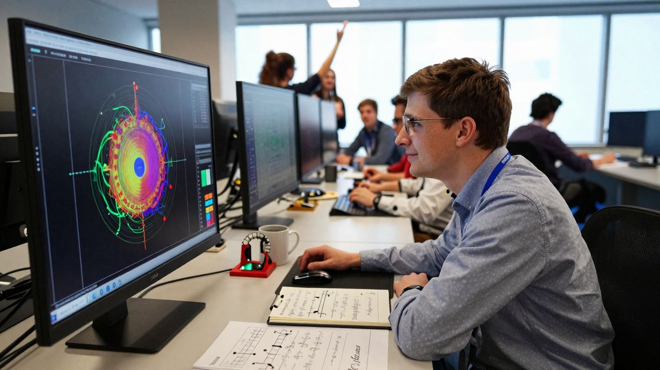 Homem jovem usando óculos trabalha analisando dados coloridos em tela de computador em escritório com outras pessoas ao fundo