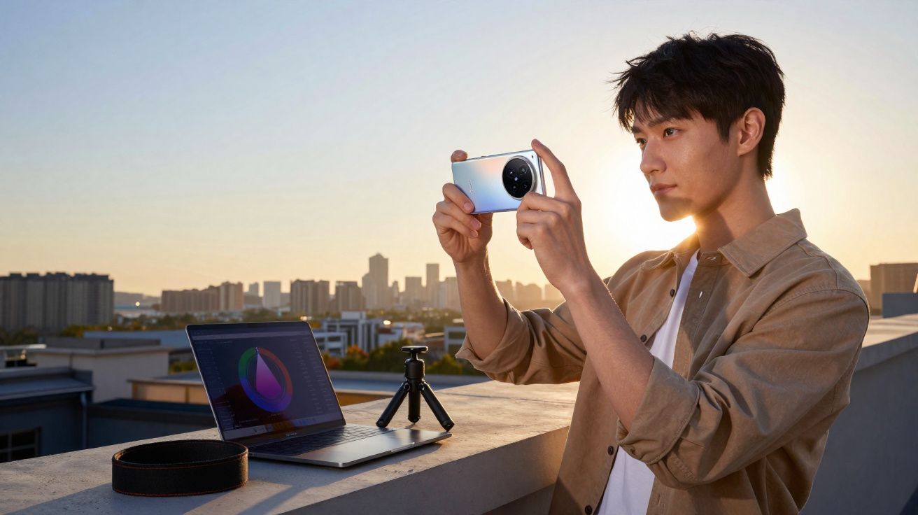 Homem tirando foto com smartphone no terraço ao pôr do sol, com laptop e tripé à sua frente.