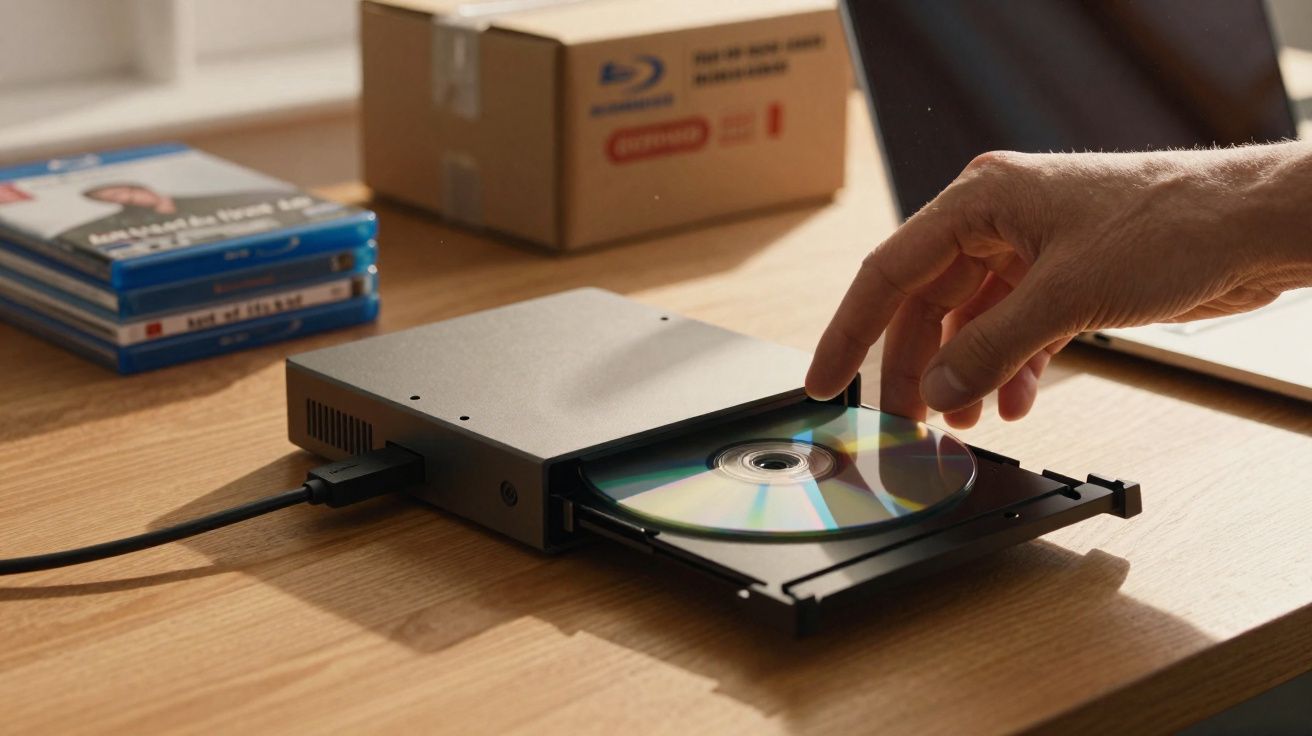 Mão inserindo disco em drive externo de DVD com caixas de Blu-ray e laptop ao fundo sobre mesa de madeira.
