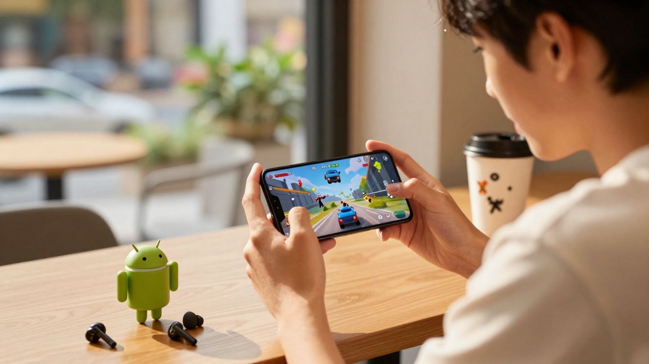 Pessoa jogando jogo de corrida em smartphone em mesa de madeira com boneco Android e fones sem fio.