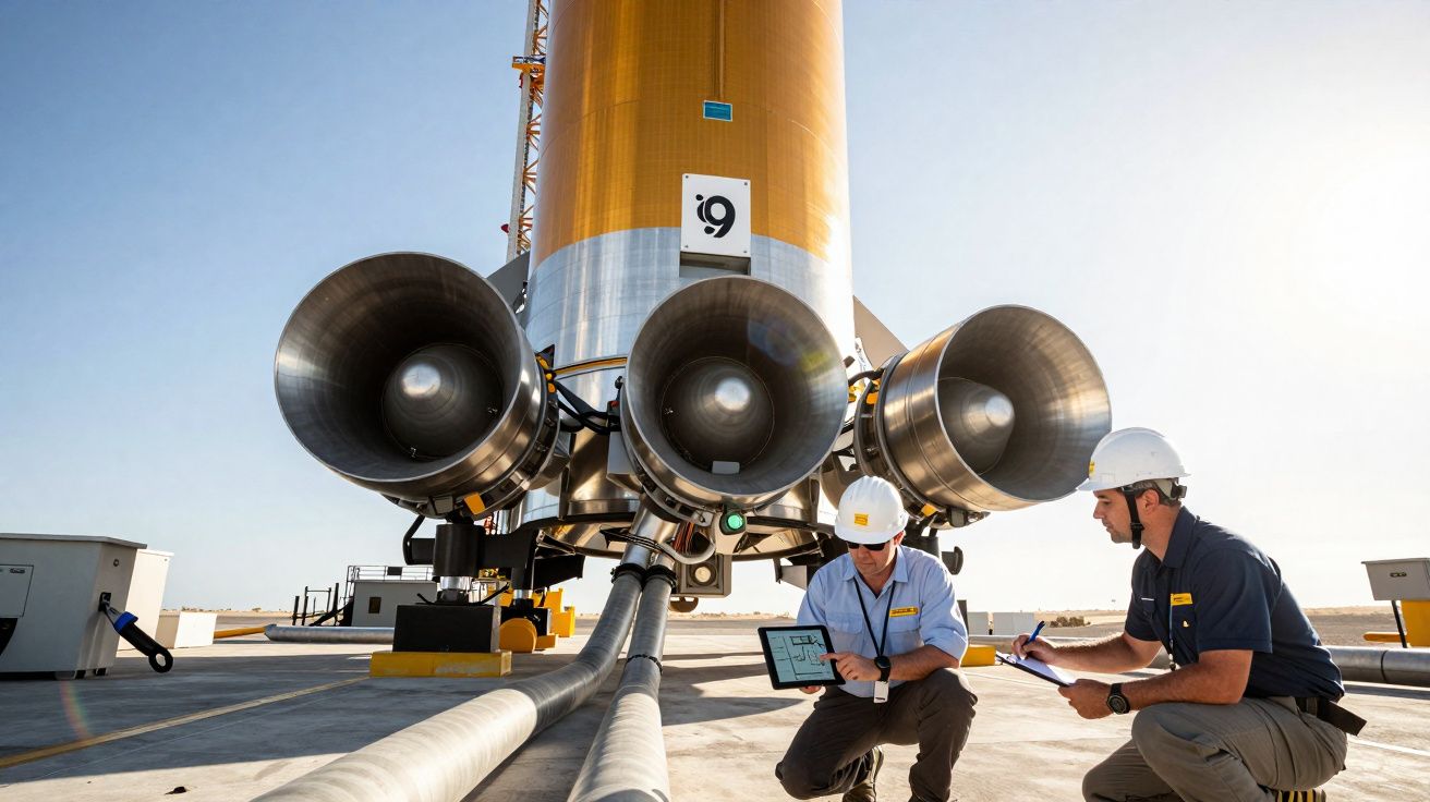 Dois técnicos com capacetes analisam dados em dispositivos próximos aos motores de um foguete na plataforma de lançamento.