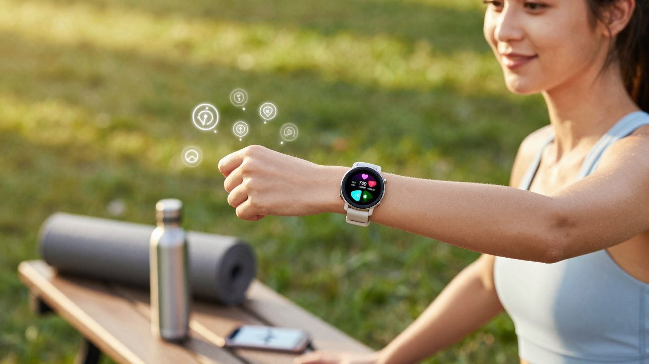 Mulher vestindo roupas esportivas verificando relógio inteligente enquanto pratica exercício ao ar livre.